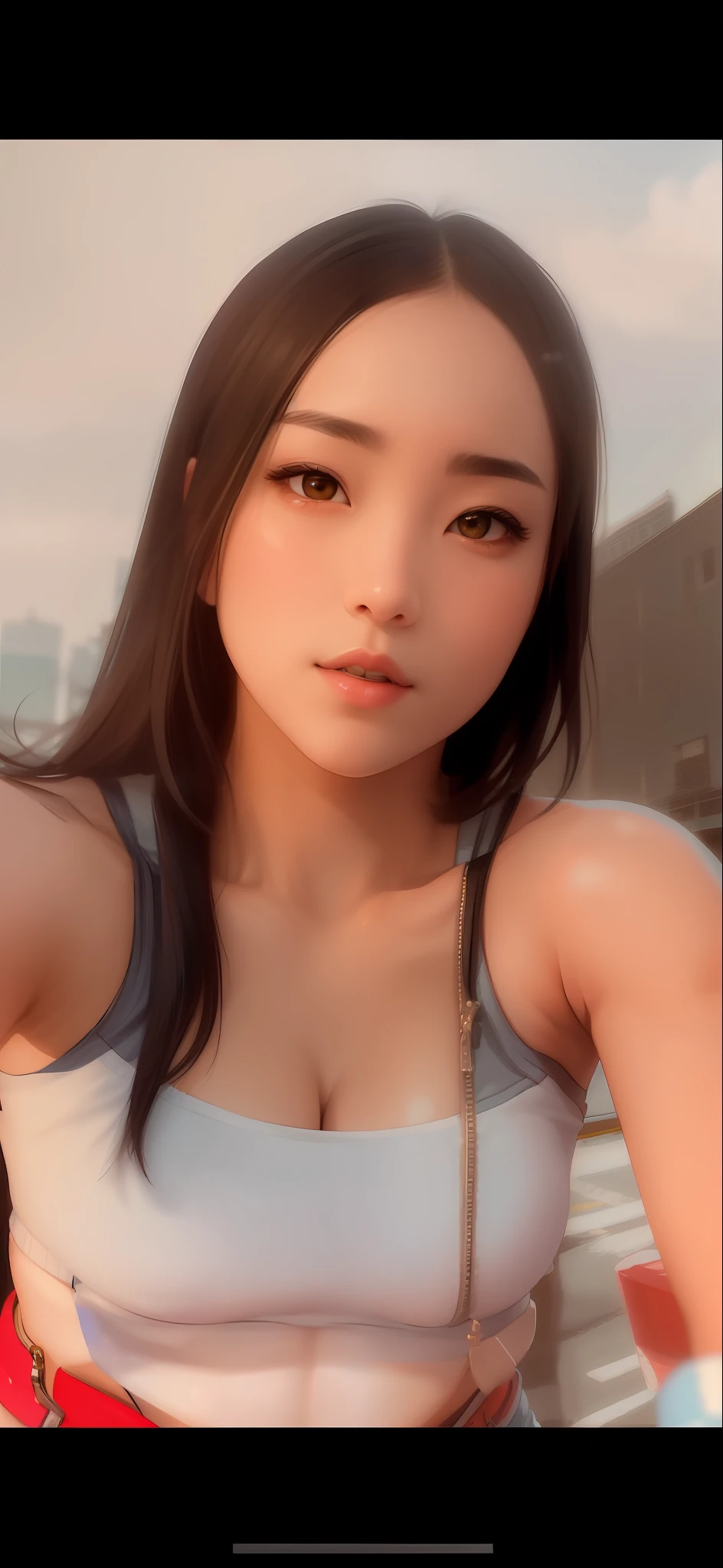 Masterpiece,8k, perfect face highly detailed,HDR, ultra realistic photoshoot, absurdres,award winning photo, extremely detailed, amazing, fine detail, 
KazAsuka, Japanese woman, blue crop top, big breasts, denim jacket and minishorts, short black hair, MMA gloves, posing for a picture, in the streets of Osaka
