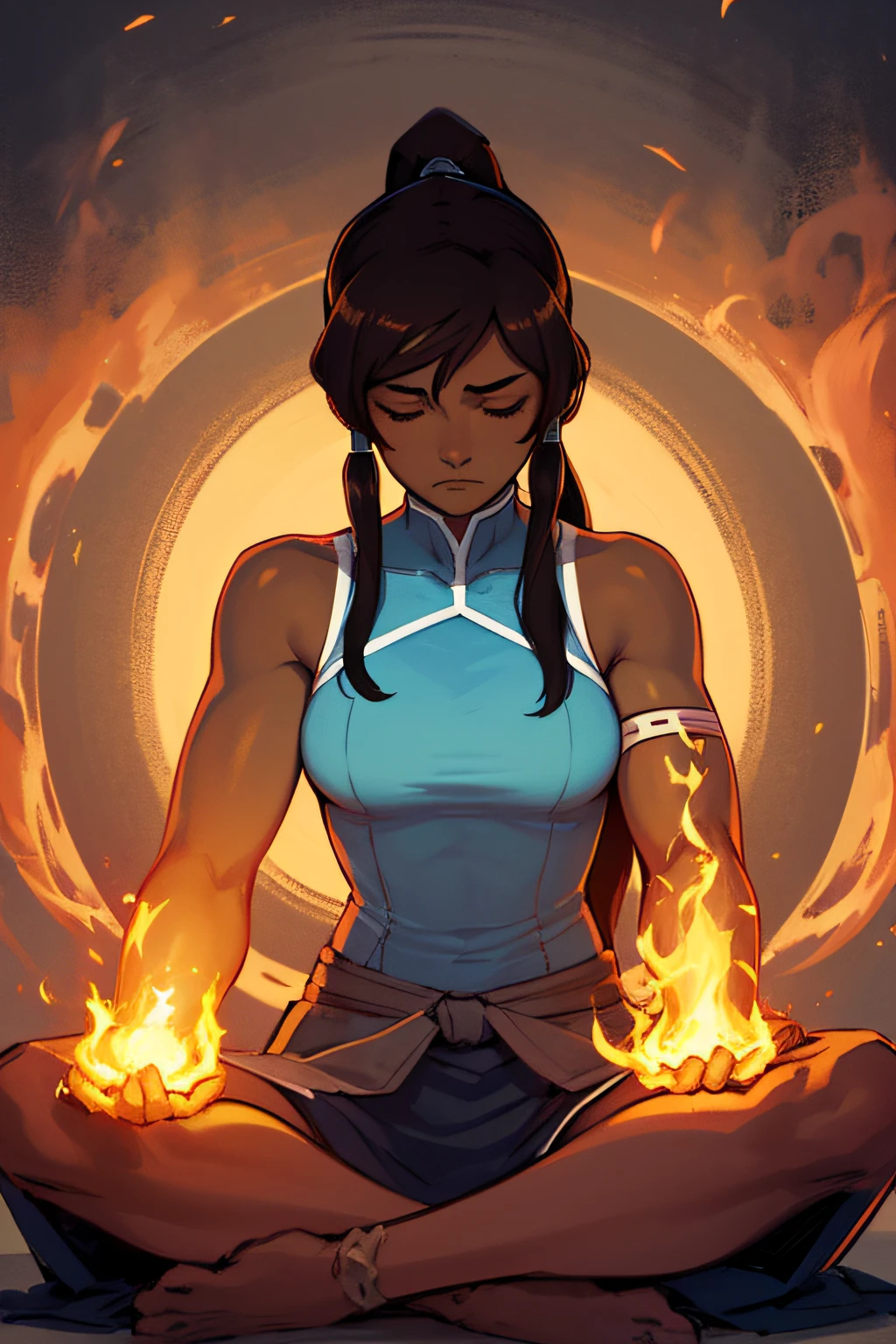 masterpiece, best quality, 1girl, korra, casting circe of fire arround her, solo, dark skin, blue eyes, brown hair, dark-skinned female, fire, hair tubes, dark, ponytail, long hair, topknot, breasts, bare shoulders, serious, closed eyes, meditating, sitting, avatar meditation,