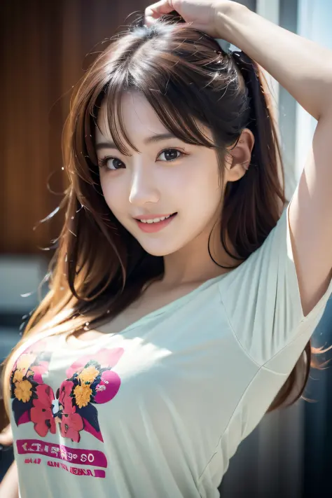 Wearing a printed T-shirt、(Photo Real:1.4)、(Hyperrealistic:1.4)、(Realstic:1.3)、
(Smooth lighting:1.05)、(Improve video lighting q...
