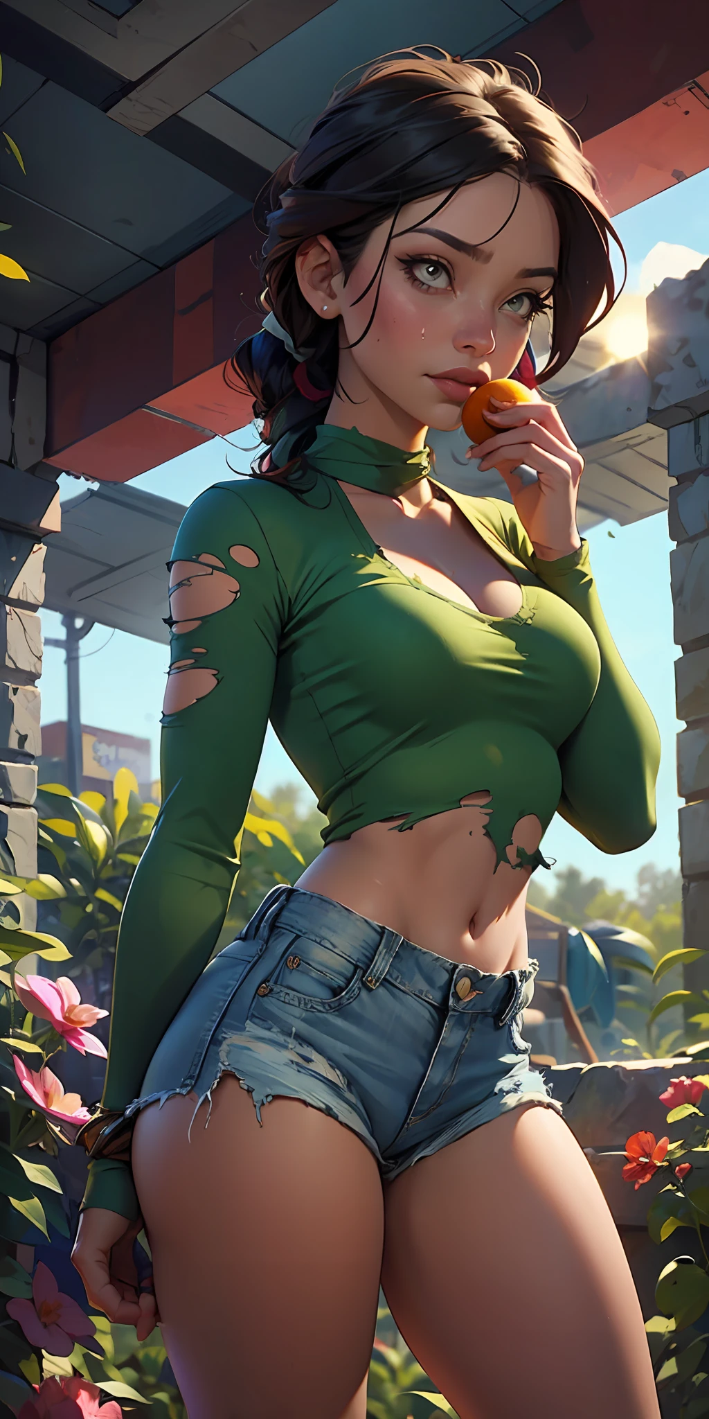 2076 year. N.uh. The Urban Ruins of the Wasteland, Female huntress picking fruit in the garden, torn shirt and denim shorts ,  sweating through, sun rising, Nice warm colors