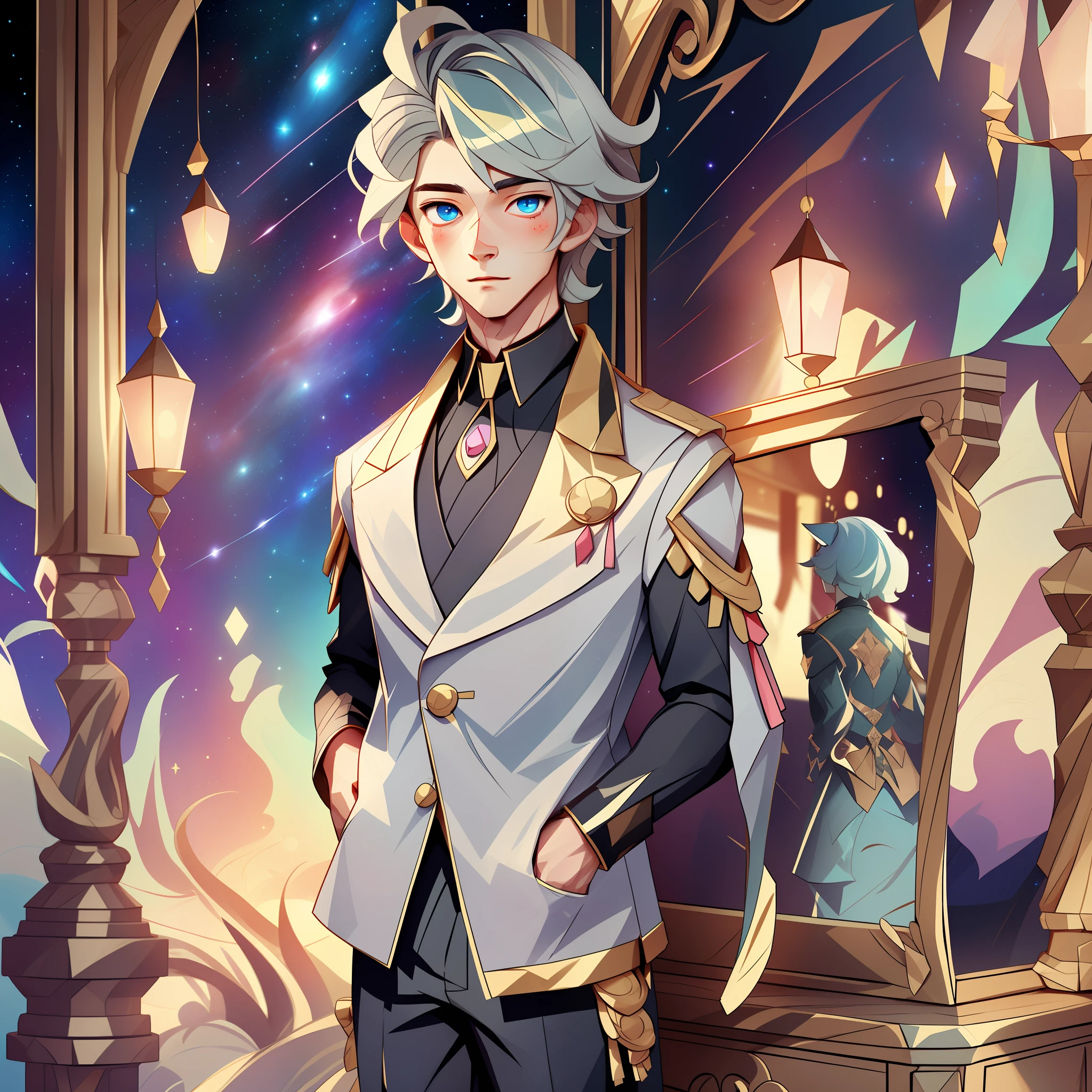 Masterpiece, 1 boy, nekomimi, hair gradient with the feeling of starry sky, the main body is self-color, there is dull hair, blushing, galaxy eyes, intrincated details, cute boy, young Man