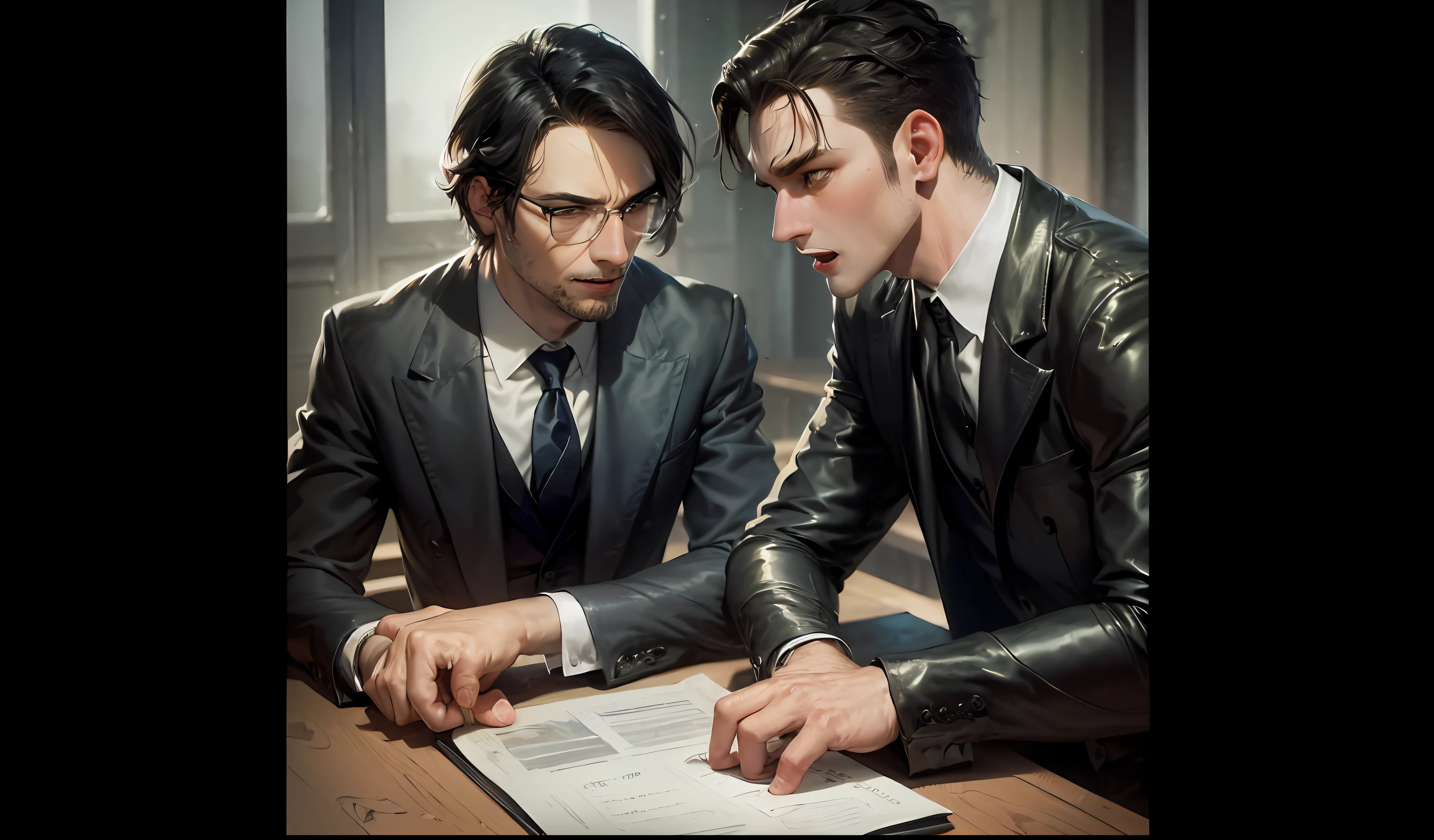 Dos hombres de traje están sentados en una mesa con papeles., Darius Zawadzki y Tom Bagshaw, maarten schröder y tom bagshaw, Edmund Blair y Charlie Bowater, Tom Bagshaw y Tom Richmond, Charlie Bowater y Tom Bagshaw, Dirigido por: Galen Dara, Artgerm e Genzoman