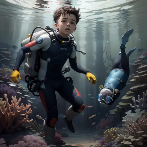 a boy child, at the bottom of the sea in a diving suit