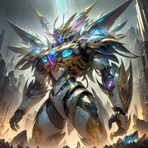 Ancient divine beast armor,Fighting posture,giant mecha,(Smooth surface),Stand on a cliff overlooking the night view,Cyberpunk-c...