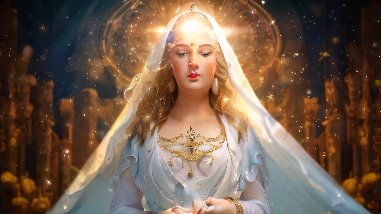 A beautiful blue-eyed woman with a veil on her head and light coming out of her head, vestes brancas ricas com bordados dourados. background igreja dourada. realista, 3d fotografia