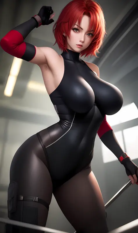 masterpiece, high-detail,  reginaDC, regina, dino crisis, 1girl, female, athletic woman,short red hair, sexy expression,  , black bodysuit, gray fabric layer under bodysuit, young, bare shoulders, tactical fingerless gloves, huge breasts, skin tight leotar...