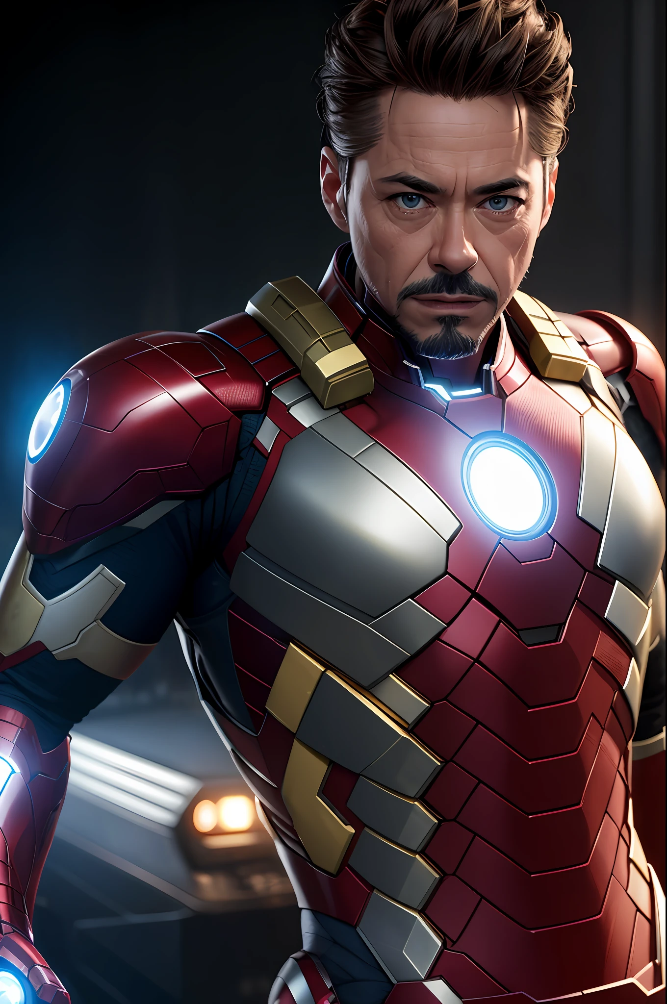 maravilha, Velho Tony Stark, realisticamente, luzes dinâmicas, velho, restolho cinza, filmagem completa, (papel de parede extremamente detalhado da unidade CG 8k), tendências no ArtStation, tendências na CGsociety, Alto detalhe, foco nitído, Dramático, fotorrealista