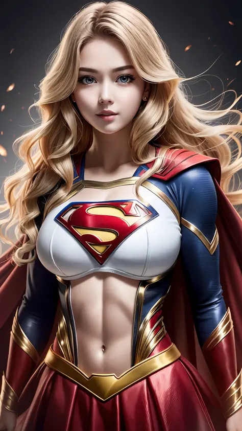 Supergirl Photo Portrait、Colorful, realistic round eyes、Dreamy and magical atmosphere、Superheroine costumes、Superman logo on che...