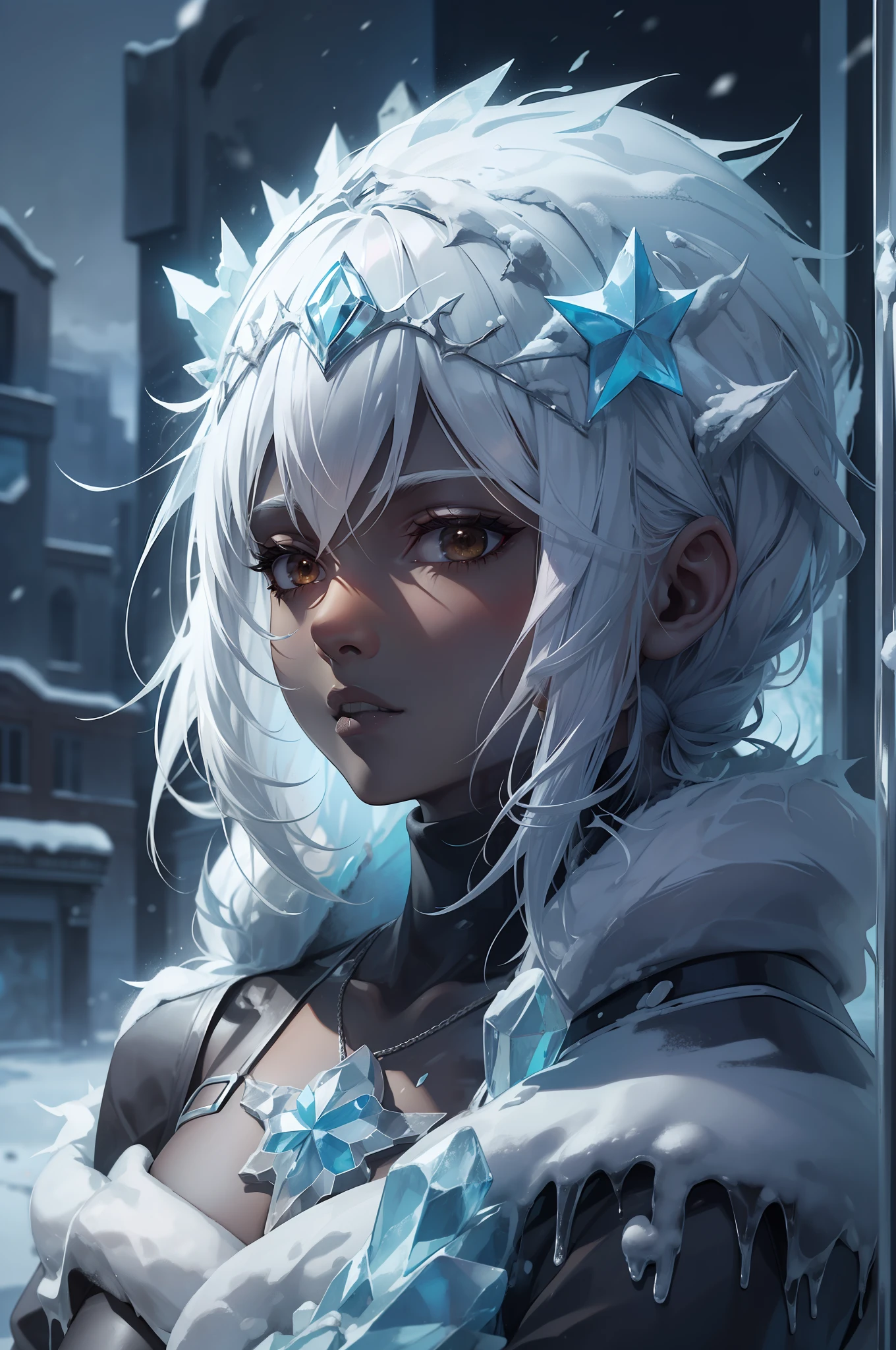 d3fr0 style, 1girl, freezing, ice, white hair, (((brown skin, latina, dark skin))),portrait, solo, in the snowy remnants of an ancient and destroyed town desolate, icey crown