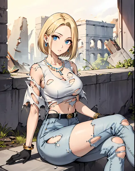 best quality, highres, and18, 1girl, android 18, solo, blonde hair, blue eyes, belt, jeans, pearl_necklace, bracelet, black glov...