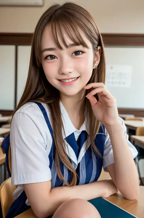 1girl, cute, 16 years old, smiling, look at viewer, sailor uniform, seifuku, photo, realistic, best quality, hires, detailed face, classroom, detailed background, diffused lighting, depth of field, bokeh