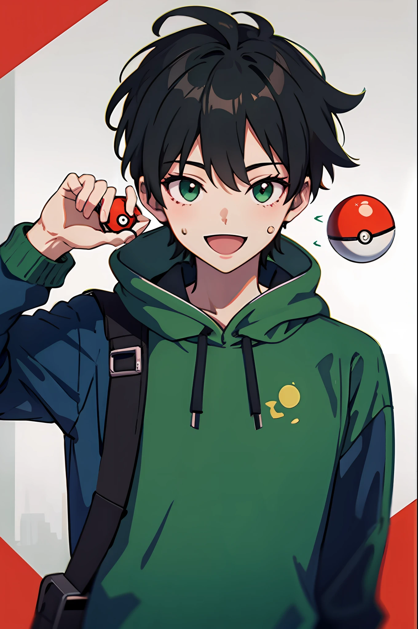 1 boy, upper body, wearing sweatshirt, smile, masterpiece, picture detailed, empty background, pokeball desing in sweatshirt, green eyes, black hair, :D