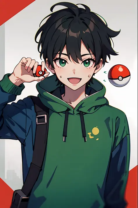 1 boy, upper body, wearing sweatshirt, smile, masterpiece, picture detailed, empty background, pokeball desing in sweatshirt, gr...