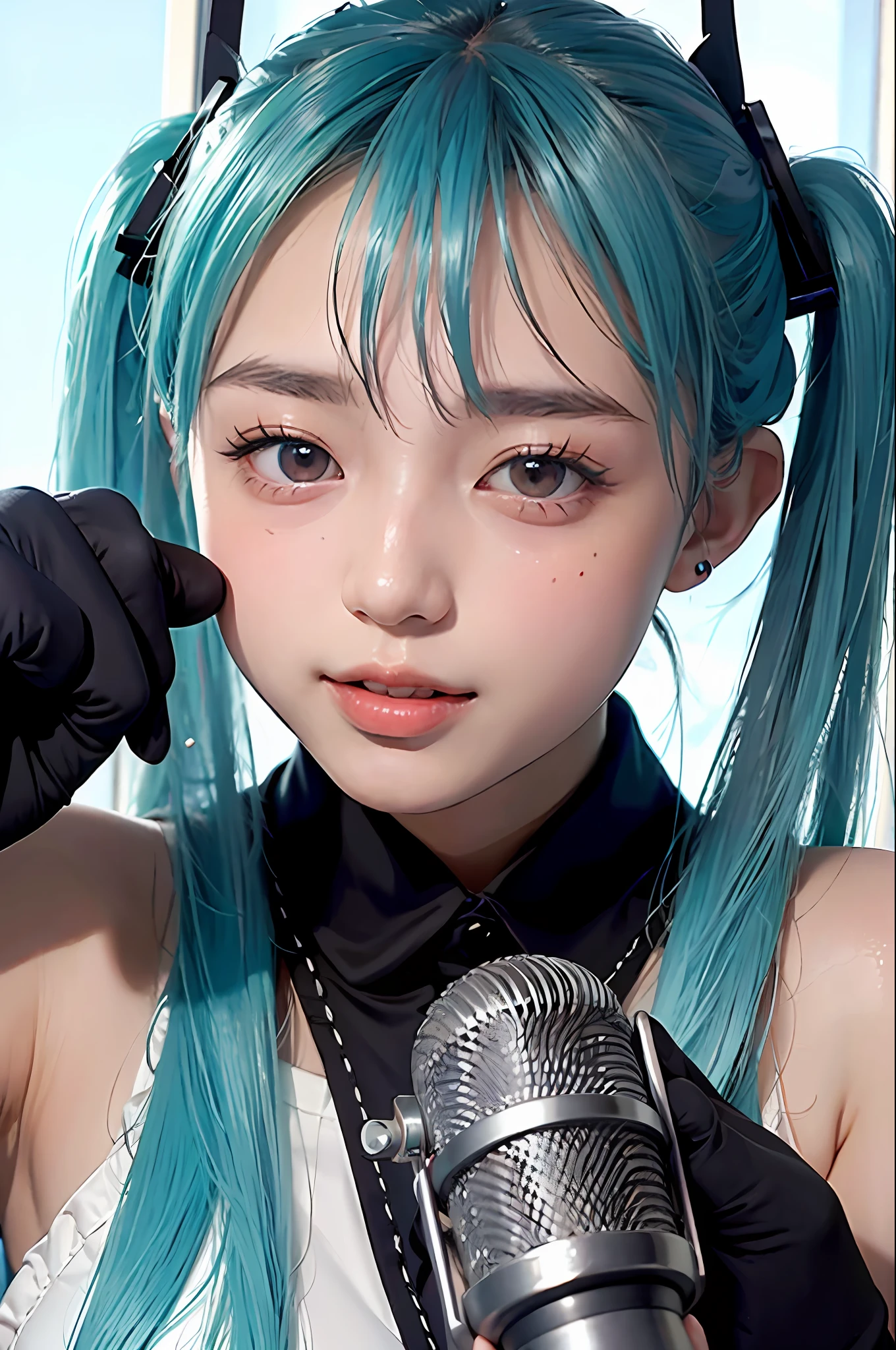 Hatsune Miku、Cross your arms、X Pose、holding a microphone、photorealestic, high resolucion, 1个女孩, Korea person, Heterochromia eyes, small moles under eyes,