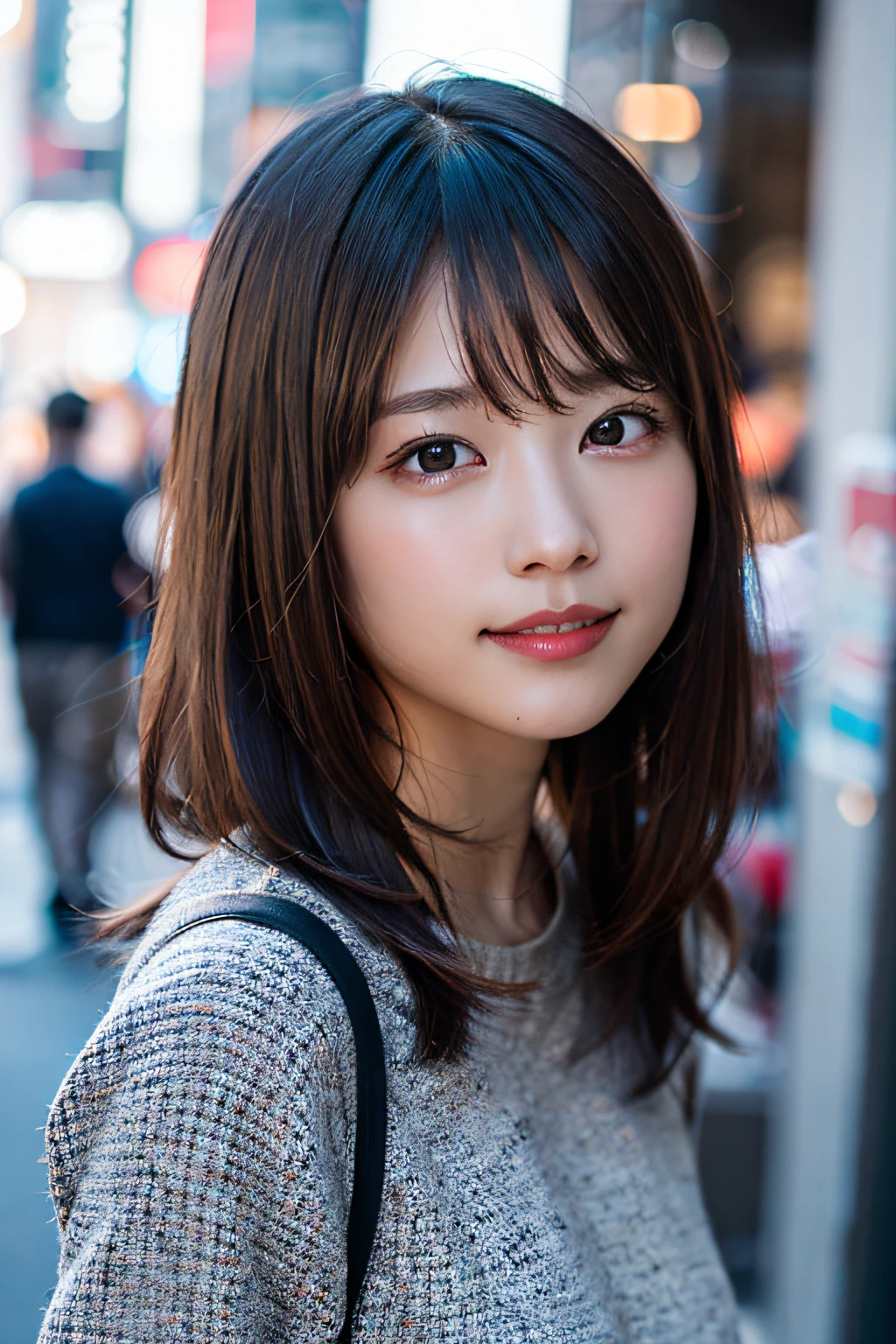 (8K、Raw photography、beste Quality、masterspiece:1.2)、(Realstic、photorealestic:1.37)、Ultra detailded、ultra-highres、女の子1人、see the beholder、Beautiful detailed face、smile on face、Constriction、(Slim waist) :1.3)、shirts、Beautiful detailed skin、Skin texture、Floating hair、Professional lighting、In the street、upper-body