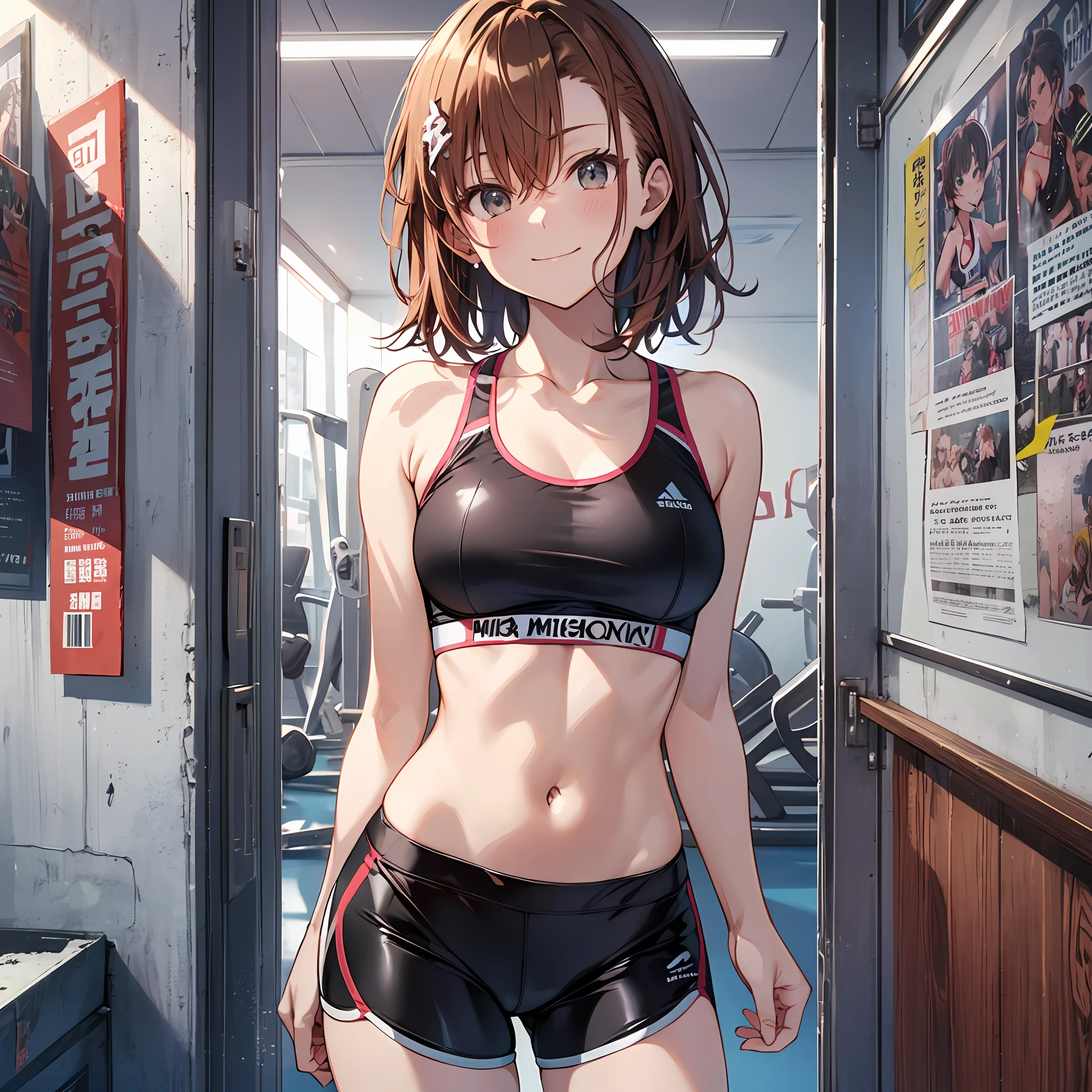 A masterpice, 4K, of the best quality, Misaka Mikoto, ribbon from, Sports Bra, Latex Shorts, are standing, arms folded, smile on face、cool expression　sports gym　random posing