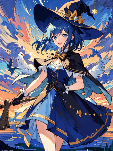 ((masterpiece:1.2, best quality)), 1girl, solo, (witch hat), a close up of a girl with short blue hair, short hair, dress, auror...