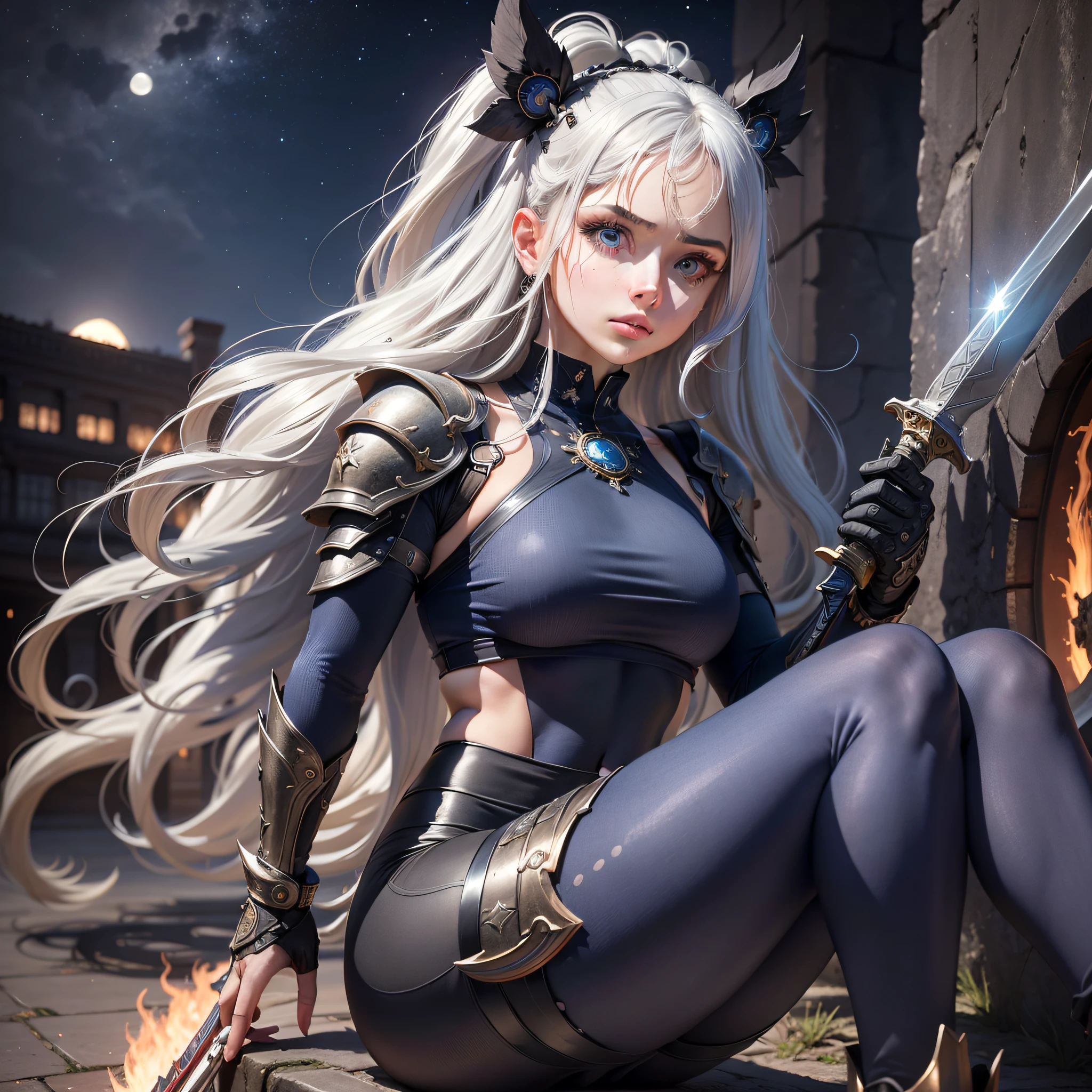 A 20-year-old girl who impresses with her radiant beauty and imposing presence.  She has long, silver hair that shines like the full moon on a starry night, her eyes are intense blue that seem to reflect the glow of flames, wearing incredibly detailed heavy warrior armor+leggings pants, sitting on the edge of a building and holding his sword tilted towards the sky, UHD, Masterpiece, anatomicamente correto, super detalhe, pele texturizada, detalhes altos, melhor qualidade, 8k.