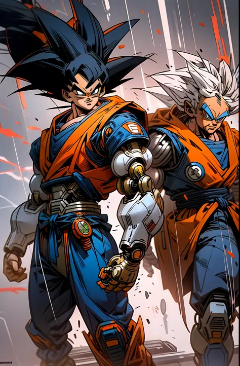 dark_fantasy,cyberpunk(dragonball, goku,red:1.1),1man,mechanical marvel,robotic presence,cybernetic guardian,