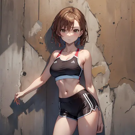 A masterpice, 4K, of the best quality, Misaka_mikoto　ribbon from, Sports Bra, Latex Shorts, are standing, arms folded,、cool expr...