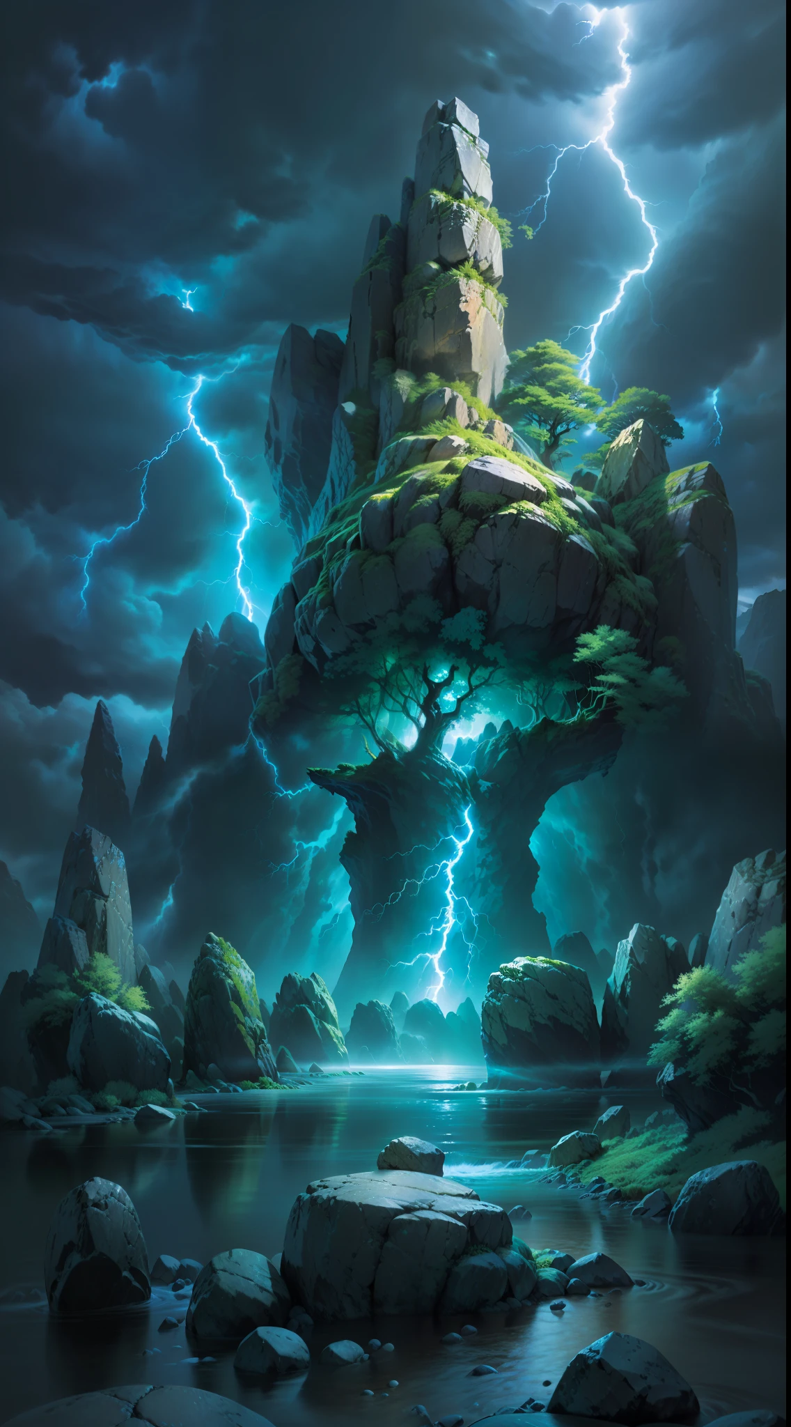 Very detailed detailed photos, ultraclear, Best image quality, highest resolution, Advanced, nmasterpiece, 16k, Ray tracing, Particle light，, A mysterious continent，A bizarre portal，(In the background is a huge stone forest)，Lightning and thunder in the sky，Next to it is the rushing river