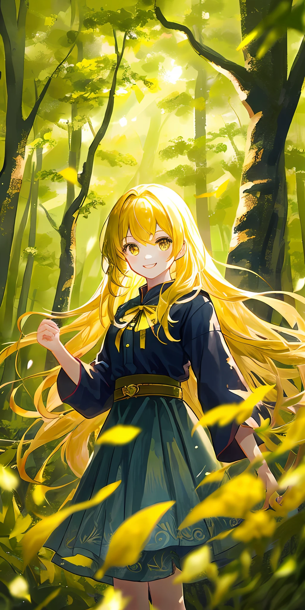 (A masterpice、of the best quality)、One girl with long yellow hair and a refreshing smile standing in western forest surrounded by trees、Warm lighting、Western clothes with yellow lemon pattern、Blurred foreground