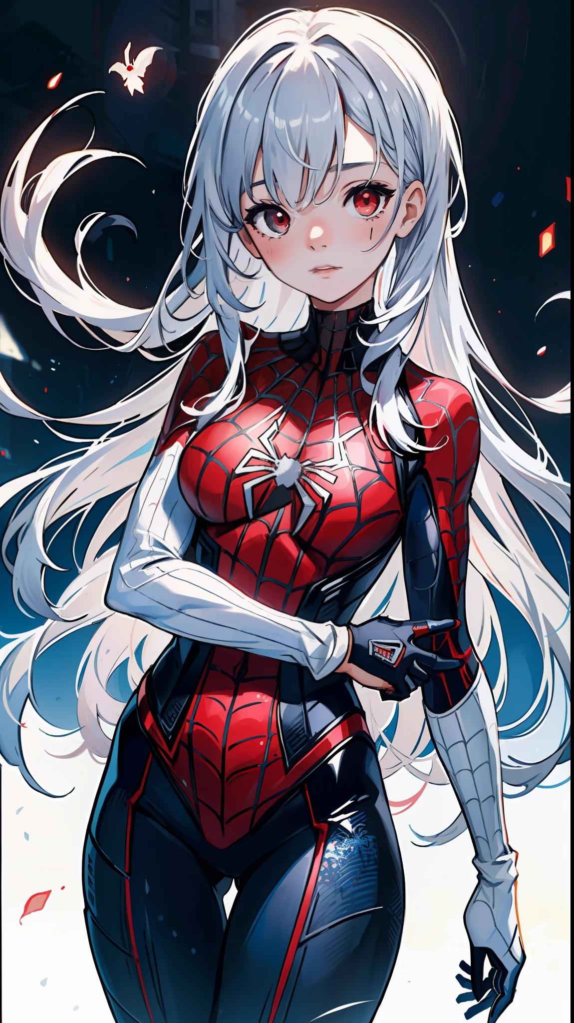 (masterpiece, best quality),  intricate details, 8k, artstation, wallpaper, official art, splash art, sharp focus,
1girl,  Nakiri Ayame, long hair, twintails,  red eyes, white hair, 
 spider suit, spider web print, spider web,  
skyscrappers, city, buildings, cars, street,