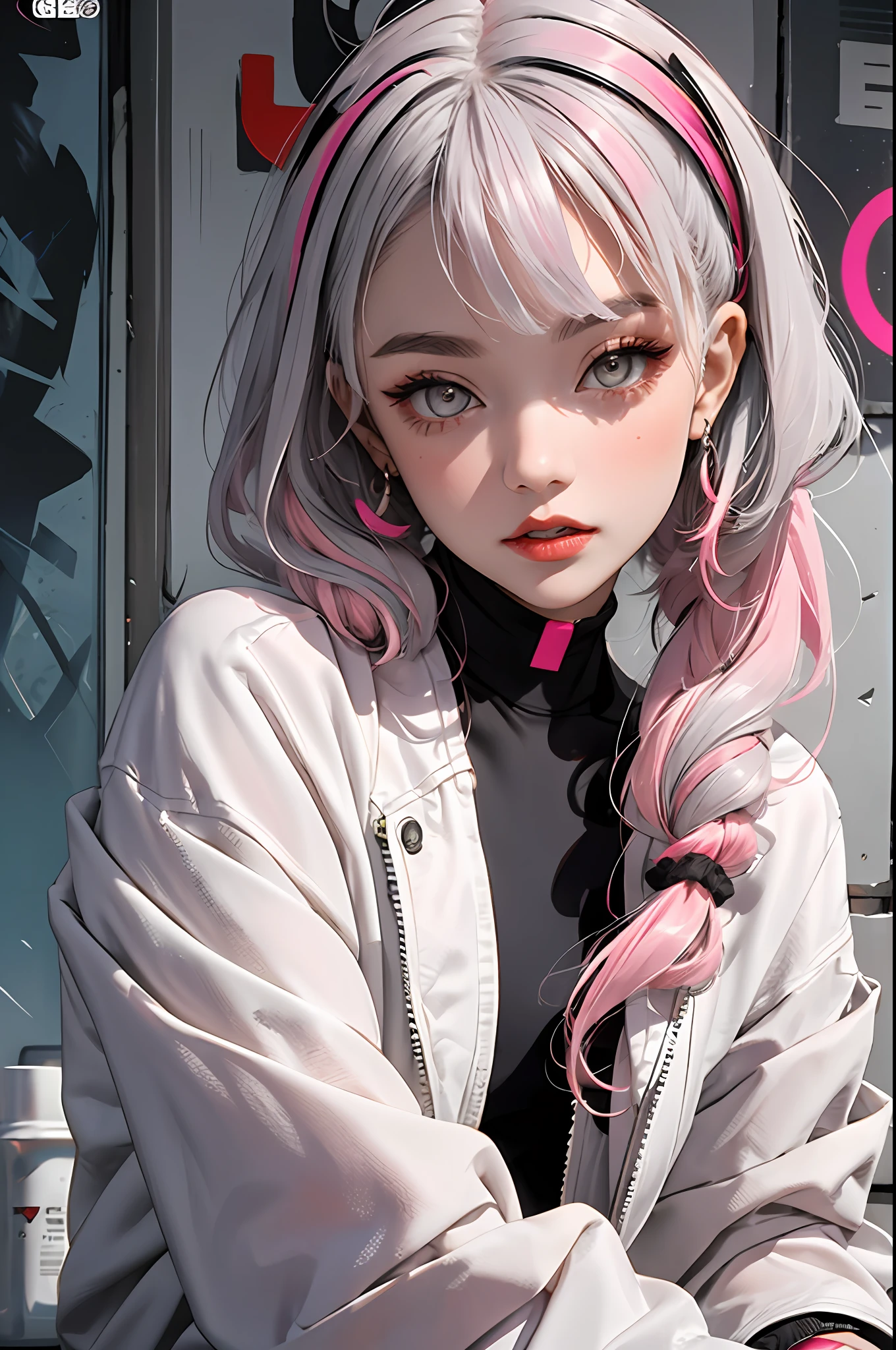 lucy \(Cyberpunk\), 1girls, hair scrunchie, Silver hair, , grey eyes, Jacket, Long sleeves, O cabelo multicolorido, Bangs separated, lips parted, pink  hair, Red eyeliner, red-lips,  White jacket,Outfit， cyperpunk\(series\), cover of a magazine，