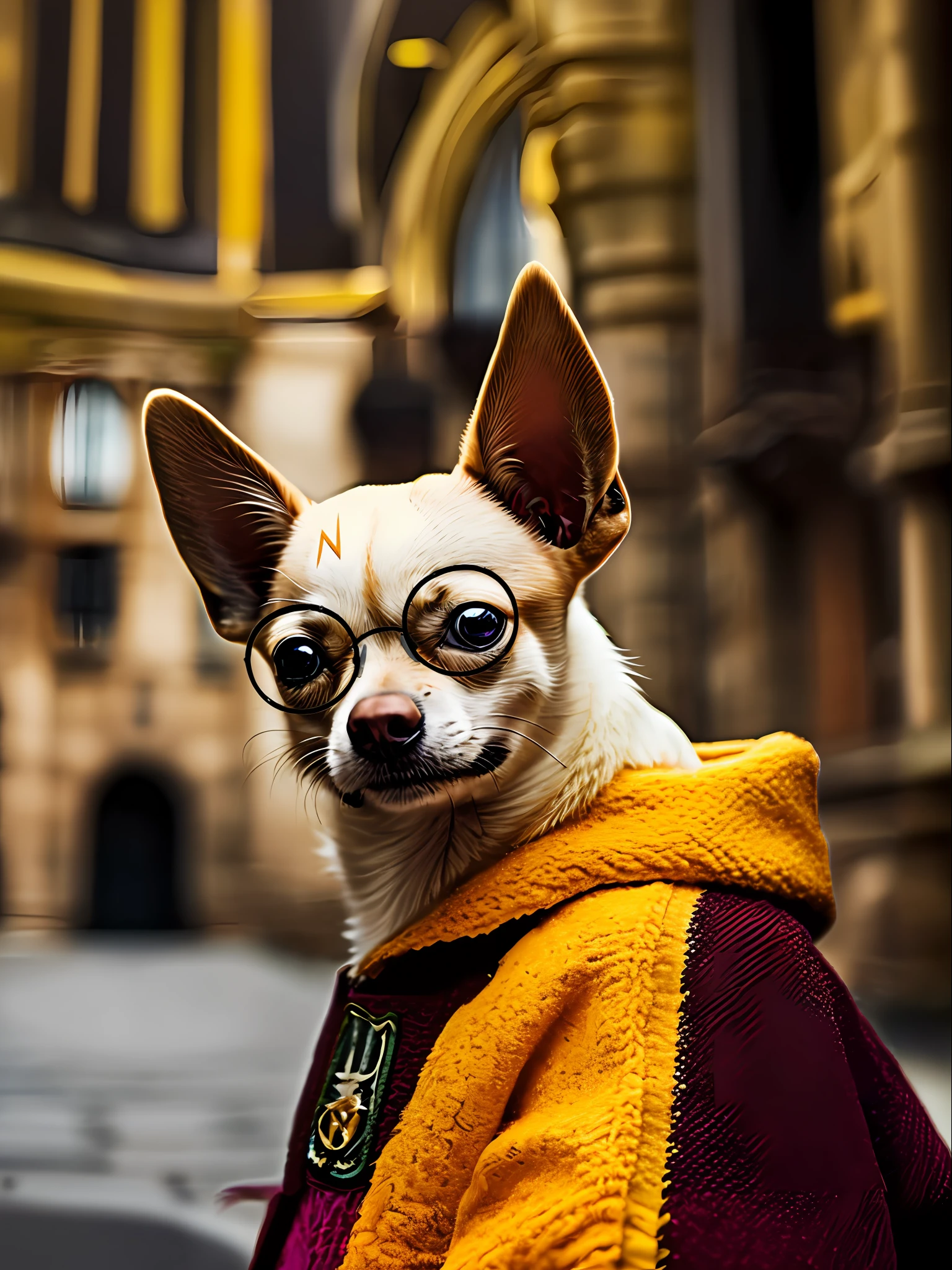 Arafed chihuahua wearing glasses and a yellow robe on a city street -  SeaArt AI