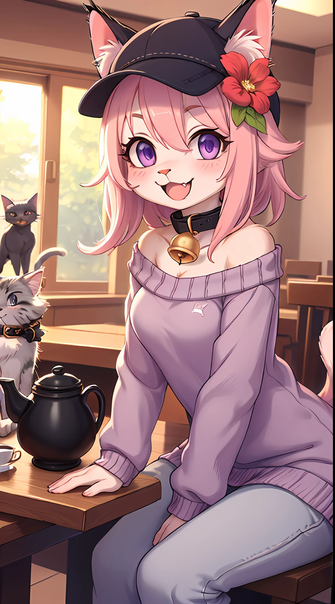 1girl, :3, tamaki,animal_ears, animal_on_lap, animal_on_shoulder, bell,bow, brown_headwear, cafe, calico, cat_ears, cat_girl, cat_hat, cat_on_head, cat_tail, cat_teaser, chair, chen, chen_\(cat\), chomusuke, clothed_animal, collar, cup, dog, fang, flower, flower_pot, glint, hat, holding_cat, indoors, jingle_bell,  leaning_forward, lens_flare, looking_at_viewer, mouse, mug,  neck_bell, nekomata, off_shoulder, open_mouth, pink_flower, pink_hair, plant, potted_plant, purple_eyes, purple_flower, ribbed_sweater, saucer, smile, sparkle, stuffed_cat, sweater, table, tea, teacup, teapot, vase, whiskers,white_sweater