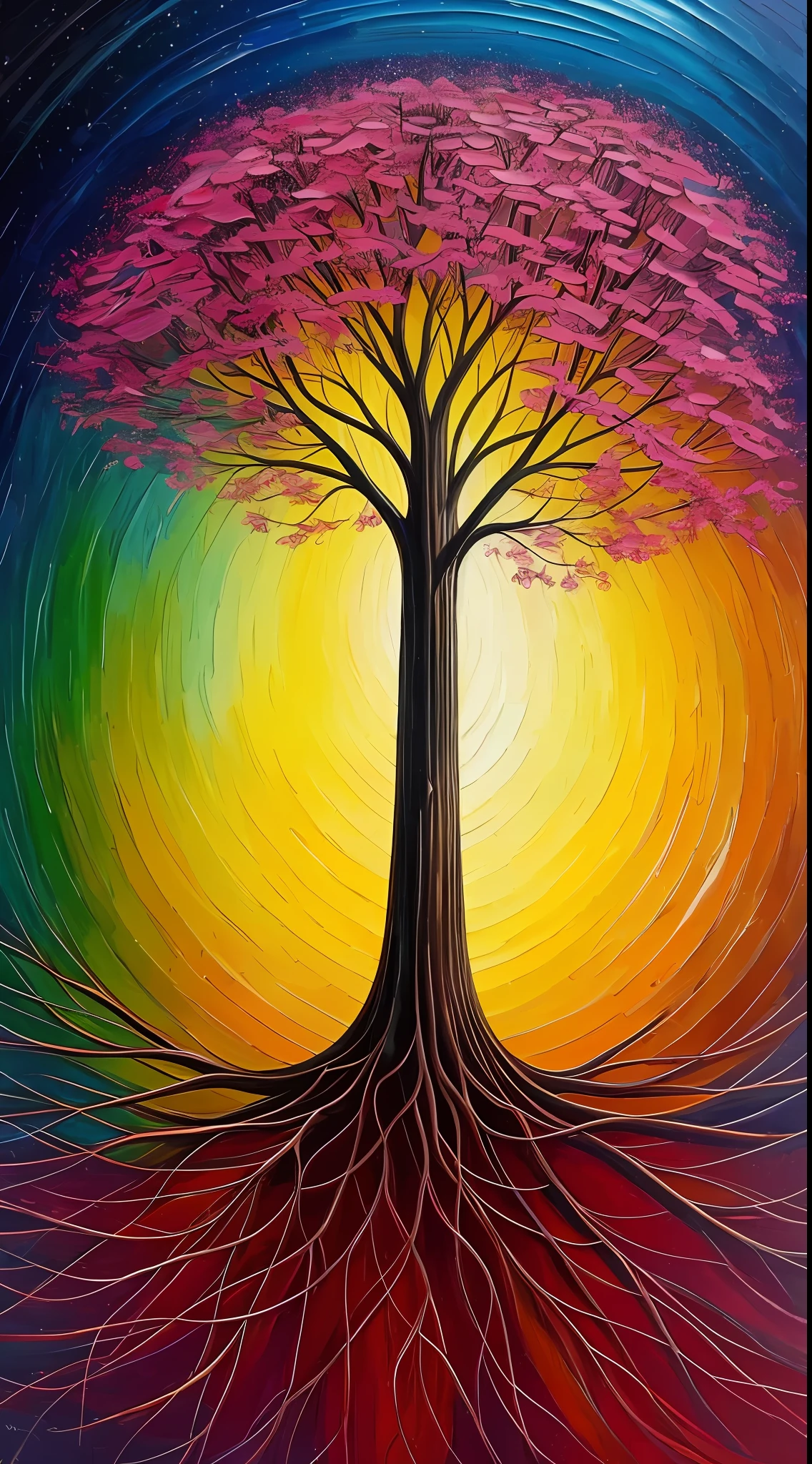 色鮮やかな空と太陽を背景にした木の絵 - SeaArt AI