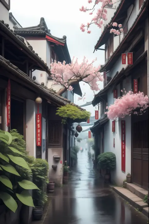 Jiangnan Ancient Town，Flowers grow on both sides of the road，Colorful，Very beautiful，A tranquil，Ultra-clear image quality，Ultra-...