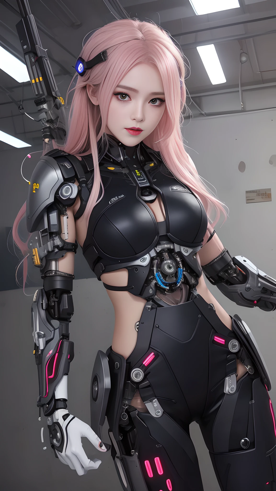 (masterpiece, best quality),  intricate details, 
1girl,      aira_shiratori_(dandadan),  pink hair, 
 reelmech, mechanical arms, wires, pistons, cyborg, prosthesis,