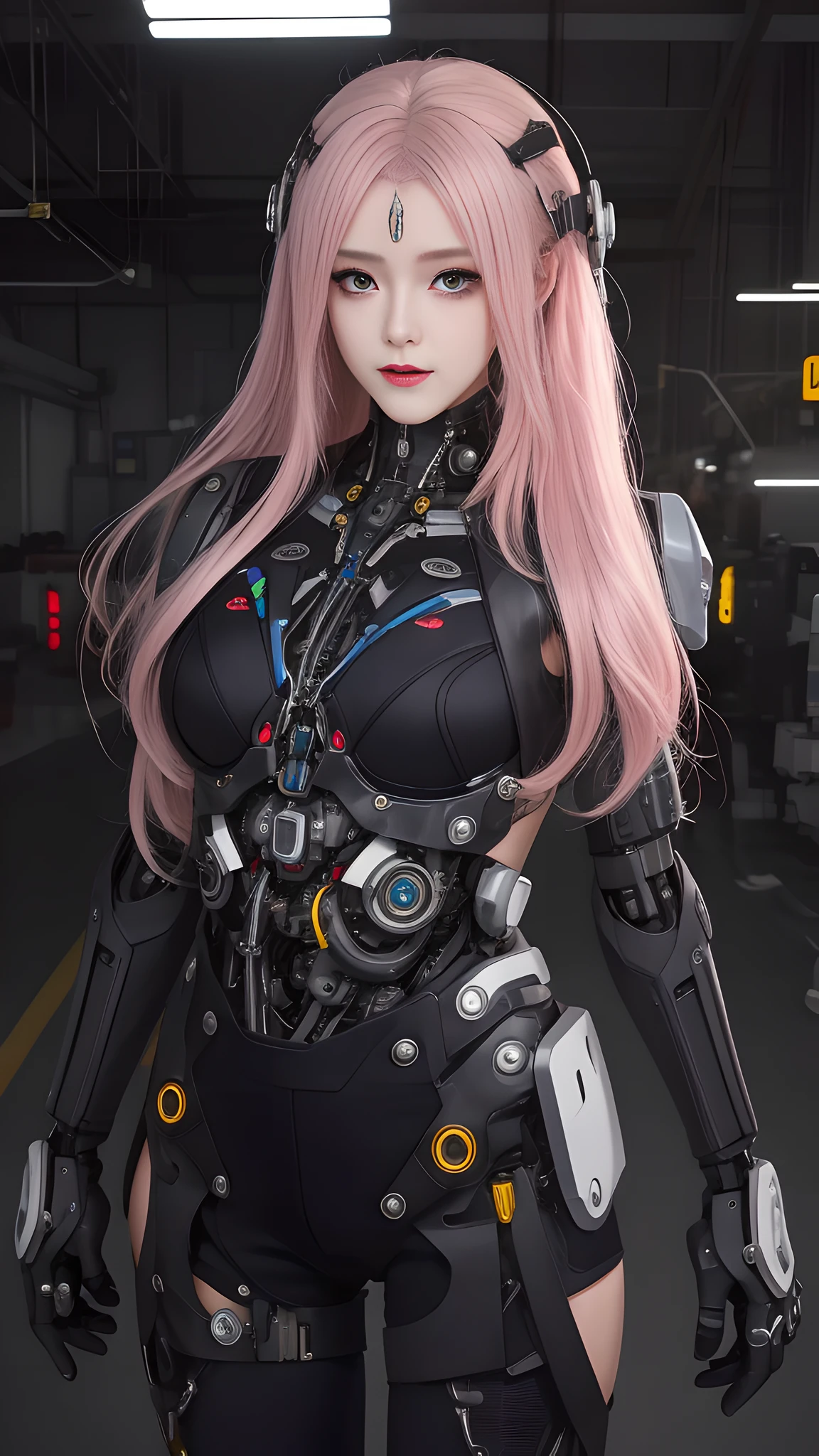 (masterpiece, best quality),  intricate details, 
1girl,      aira_shiratori_(dandadan),  pink hair, 
 reelmech, mechanical arms, wires, pistons, cyborg, prosthesis,