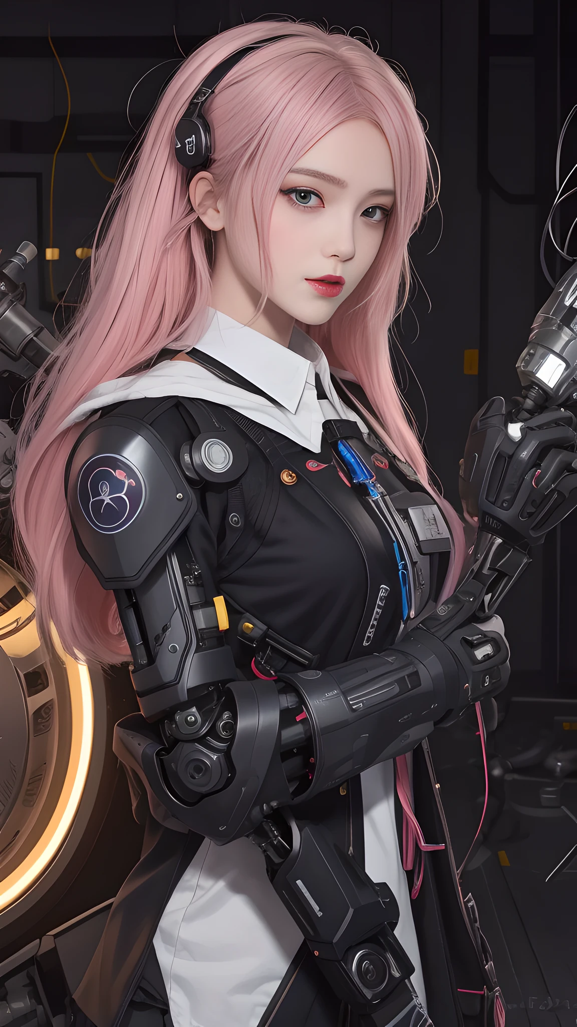 (masterpiece, best quality),  intricate details, 
1girl,      aira_shiratori_(dandadan),  pink hair, 
 reelmech, mechanical arms, wires, pistons, cyborg, prosthesis,