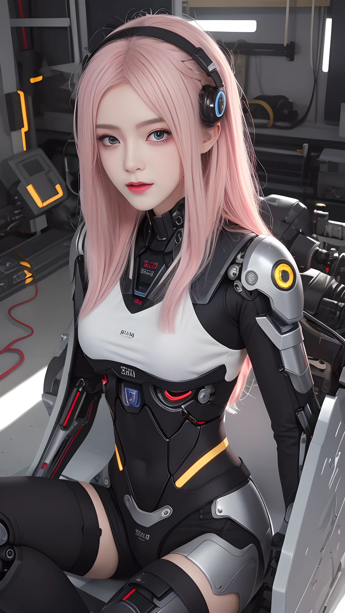 (masterpiece, best quality),  intricate details, 
1girl,      aira_shiratori_(dandadan),  pink hair, 
 reelmech, mechanical arms, wires, pistons, cyborg, prosthesis,