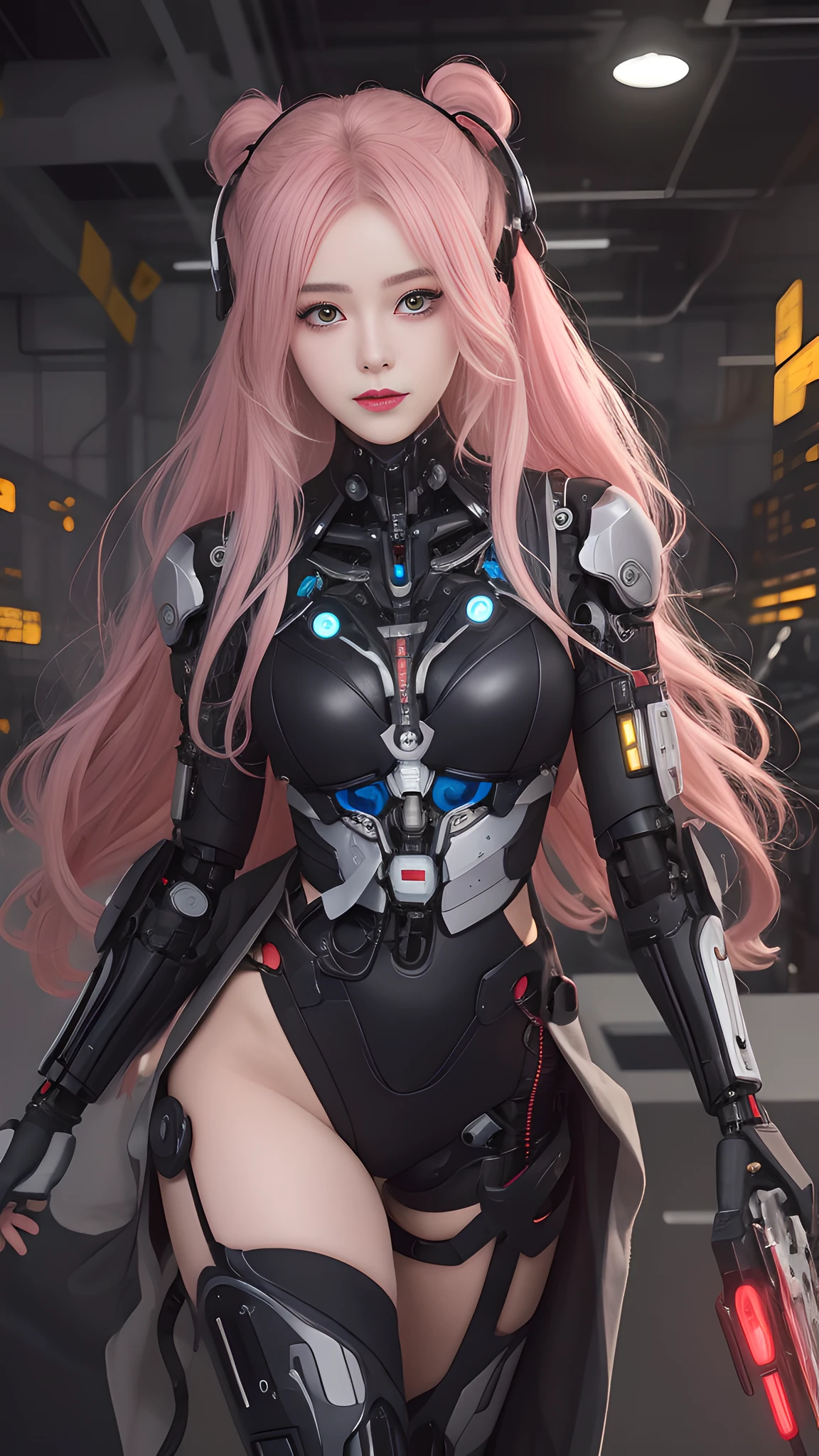 (masterpiece, best quality),  intricate details, 
1girl,      aira_shiratori_(dandadan),  pink hair, 
 reelmech, mechanical arms, wires, pistons, cyborg, prosthesis,