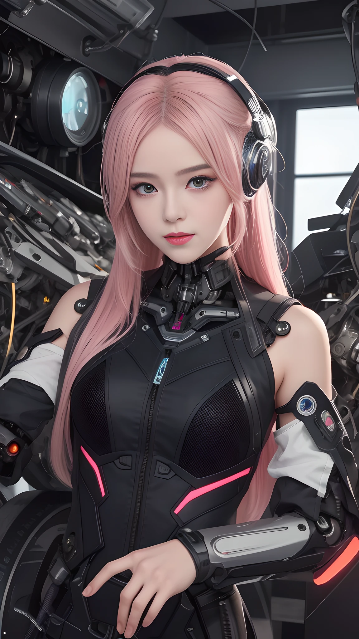 (masterpiece, best quality),  intricate details, 
1girl,      aira_shiratori_(dandadan),  pink hair, 
 reelmech, mechanical arms, wires, pistons, cyborg, prosthesis,