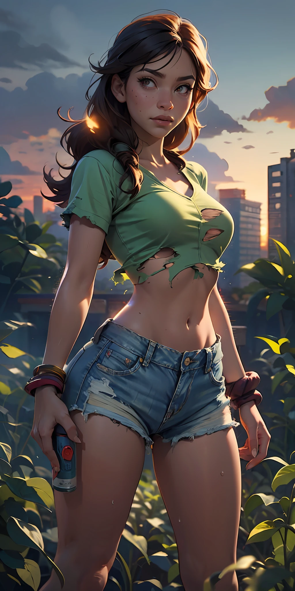 The Urban Ruins of the Wasteland, Female huntress picking fruit in the garden, torn shirt and denim shorts , sweating through, sun rising, Nice warm colors, The best volumetric lighting,