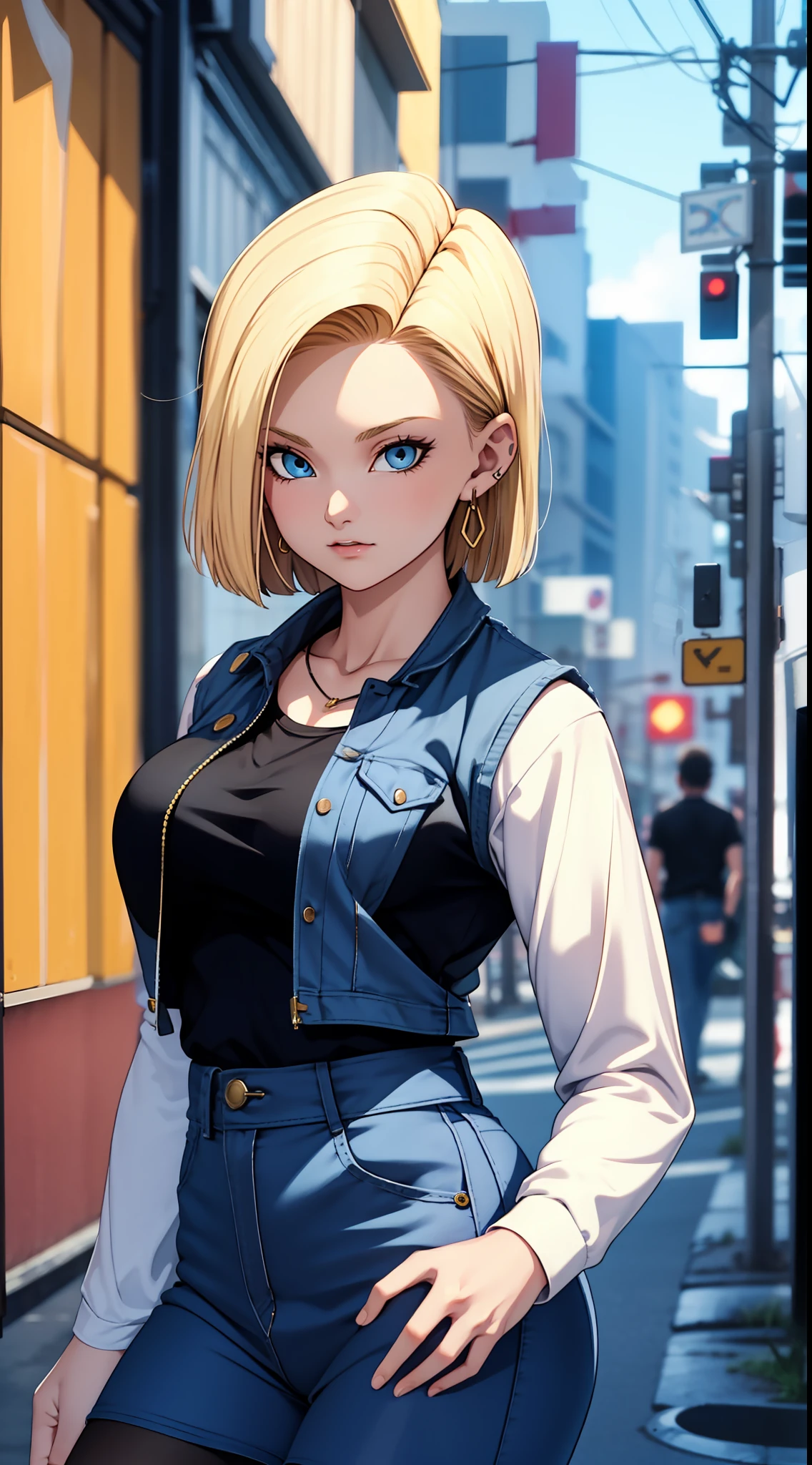 best quality, highres, and18, 1girl, android 18, solo, blonde hair, blue eyes, short hair, earrings, jewelry, denim vest, open vest, black pantyhose, black shirt, denim skirt, striped long sleeves, blue skirt, large breasts, cowboy shot, street,