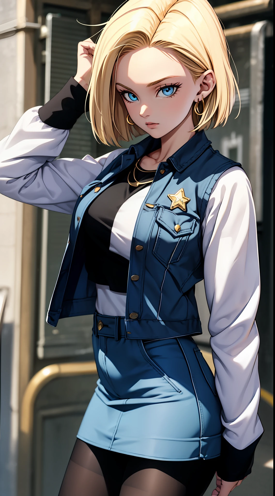 best quality, highres, and18, 1girl, android 18, solo, blonde hair, blue eyes, short hair, earrings, jewelry, denim vest, open vest, black pantyhose, black shirt, denim skirt, striped long sleeves, blue skirt, large breasts, cowboy shot, street,