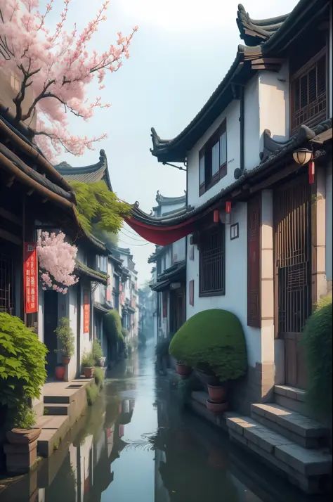 Jiangnan Ancient Town，Flowers grow on both sides of the road，Colorful，Very beautiful，A tranquil，Ultra-clear image quality，Ultra-...