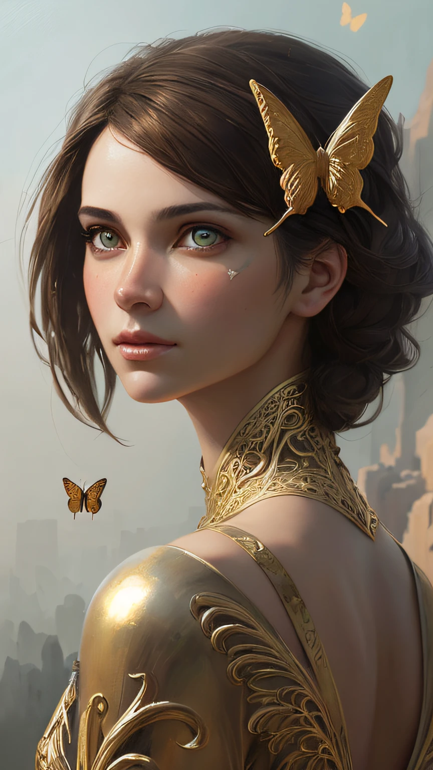 8k portrait of beautiful cyborg with brown hair, intricate, elegant, highly detailed, majestic, digital photography, art by artgerm and ruan jia and greg rutkowski surreal painting gold butterfly filigree, broken glass, (masterpiece, sidelighting, finely detailed beautiful eyes: 1.2), hdr,