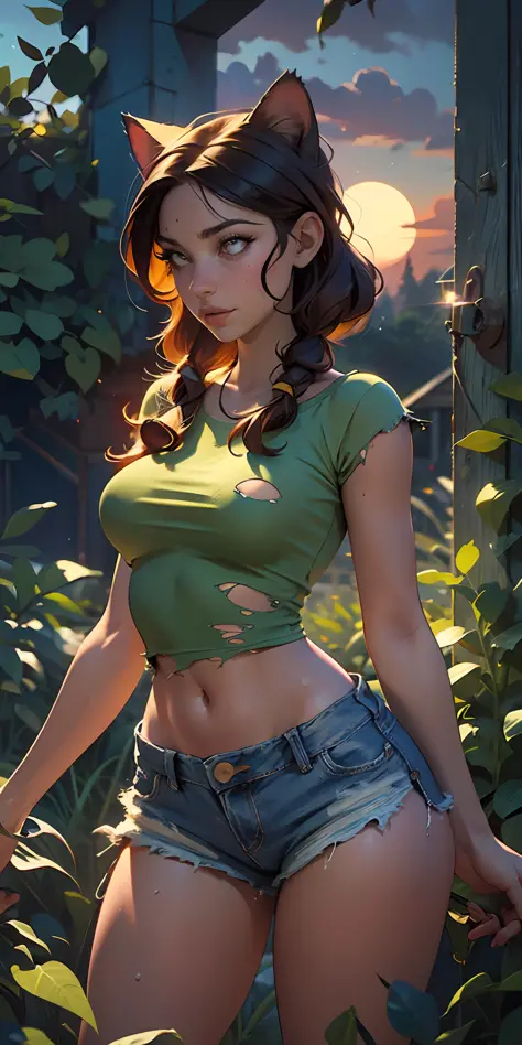 The Urban Ruins of the Wasteland, Female huntress picking fruit in the garden, torn shirt and denim shorts , sweating through, sun rising, Nice warm colors, The best volumetric lighting, Hyper Contrast, There is a live cat next to it