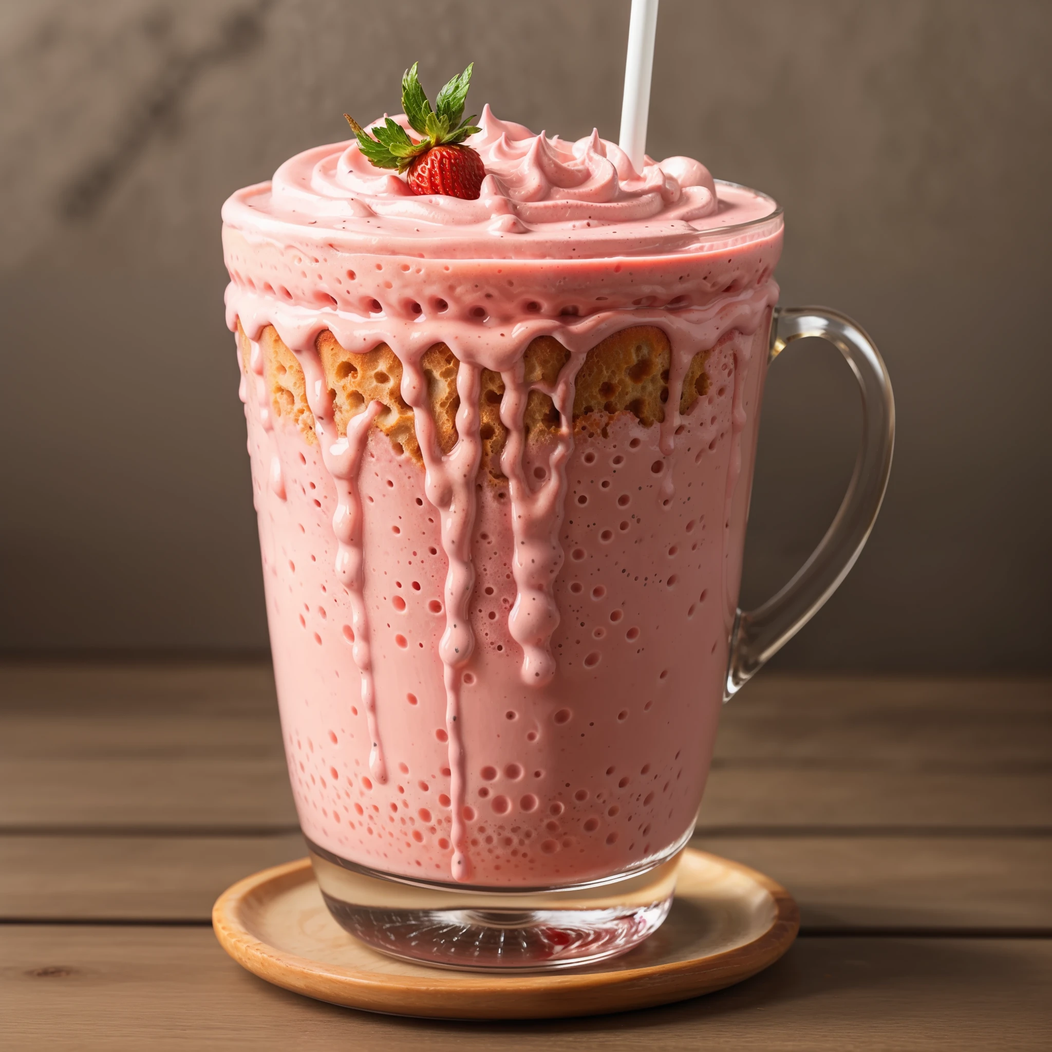 RAW photo, strawberry milkshake, foodphoto, professional colour grading, soft shadows, no contrast, clean sharp focus, foodphoto,