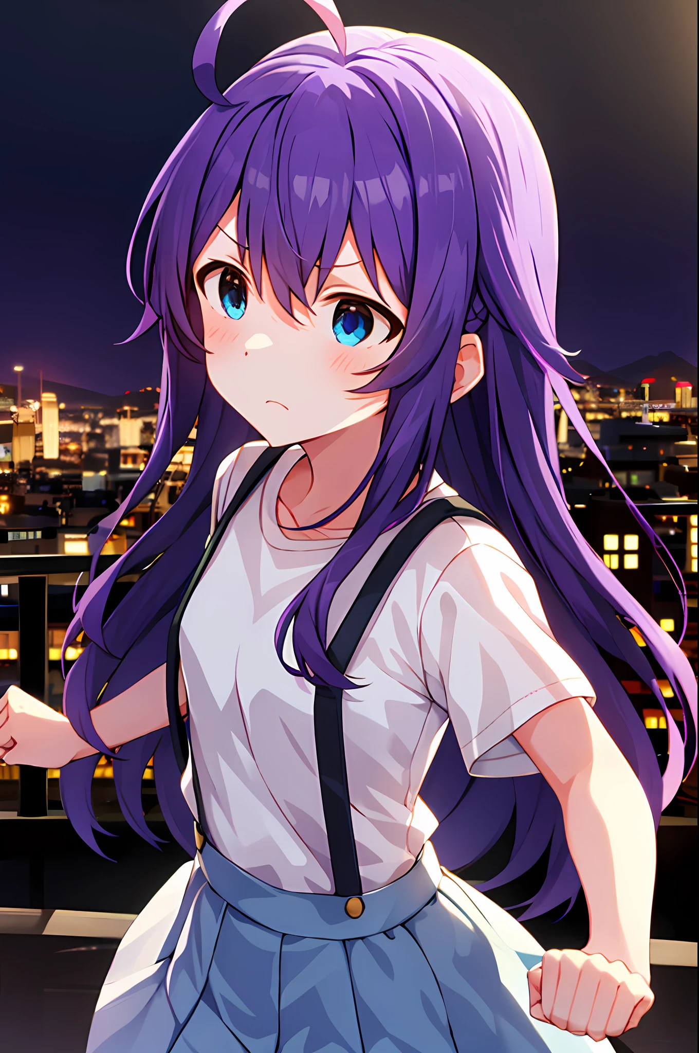 mochizuki anna,1girls,Solo,Long hair,Purple hair,Small_Ahoge,Blue eyes.Short stature.white t-shirts.suspenders.Skirt.Night view.fighting stance.Despair face.Clench your fists.