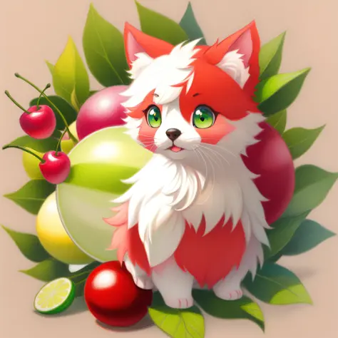 Fluffy cute ball that is a cherry, lime-green eyes, deep red fluff, green stem, masterpiece, best quality, ((In Pastel Drawing s...