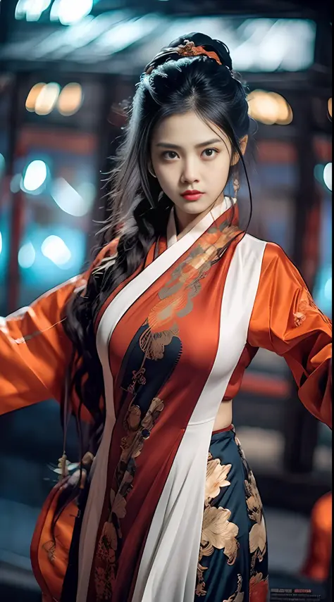 master-piece，Best quality，wuxia 1girl，red color Hanfu，woods