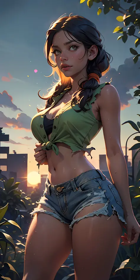 The Urban Ruins of the Wasteland, Female huntress picking fruit in the garden, torn shirt and denim shorts , sweating through, sun rising, Nice warm colors, The best volumetric lighting, Hyper Contrast, particles of sunlit dust
