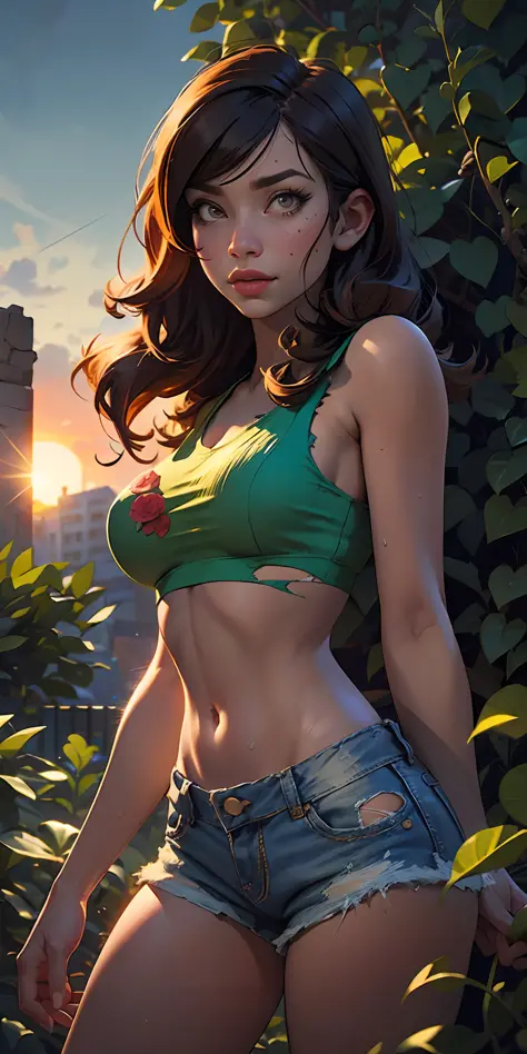 the urban ruins of the wasteland, female huntress picking fruit in the garden, torn shirt and denim shorts , sweating through, s...